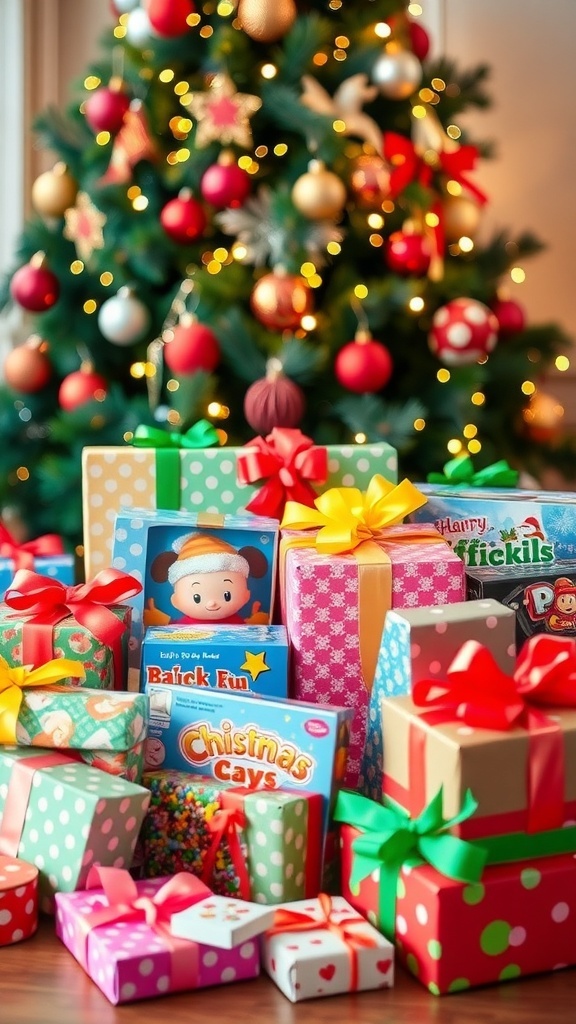 Top Christmas Gift Ideas for Kids A vibrant collection of Christmas gifts for children, including toys and books, under a beautifully decorated Christmas tree.